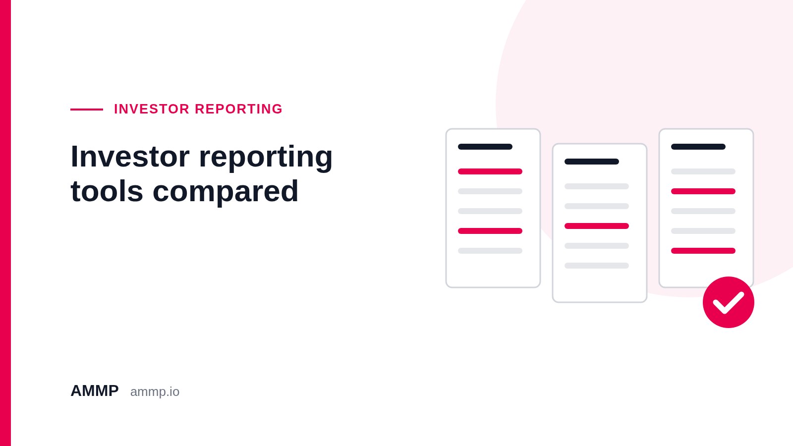 Three criteria cards side by side with pink and grey rows and a pink check mark